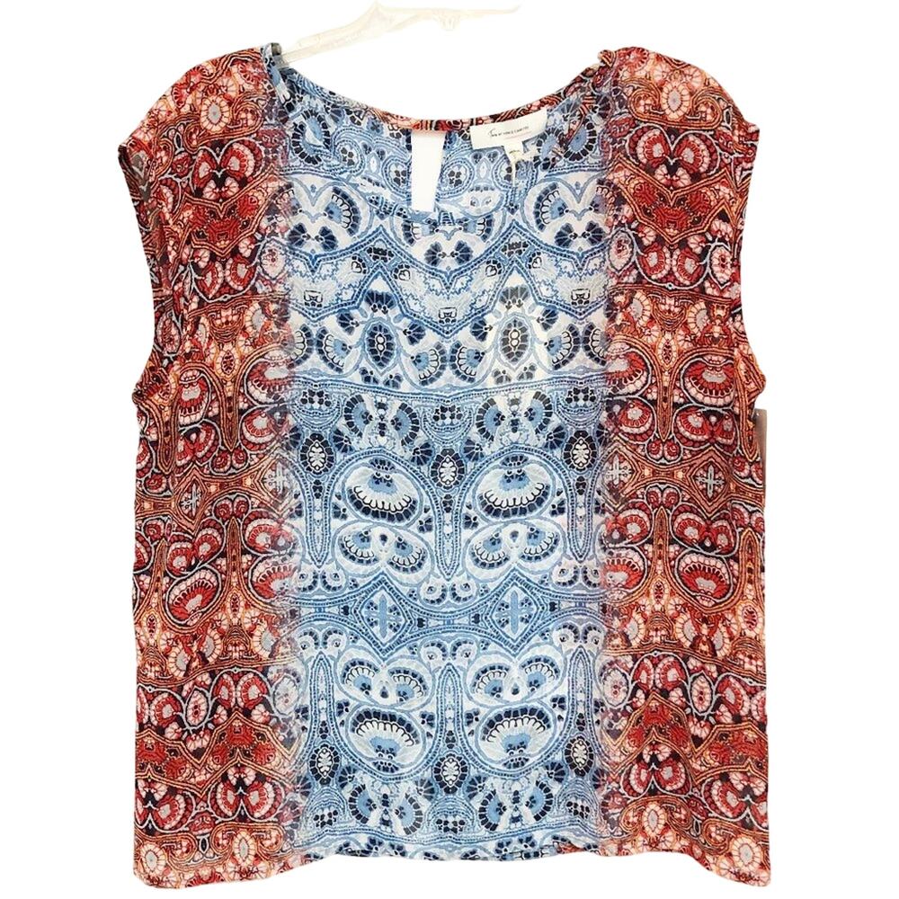 Two By Vince Camuto Sleeveless Semi-Sheer Print Top Blue Red S NWT